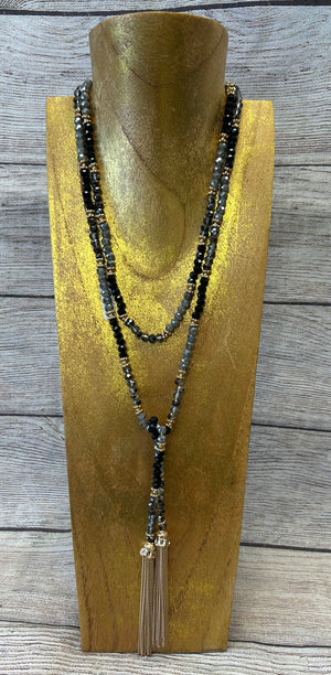 Black, Grey and Gold Beaded Tassel Necklace