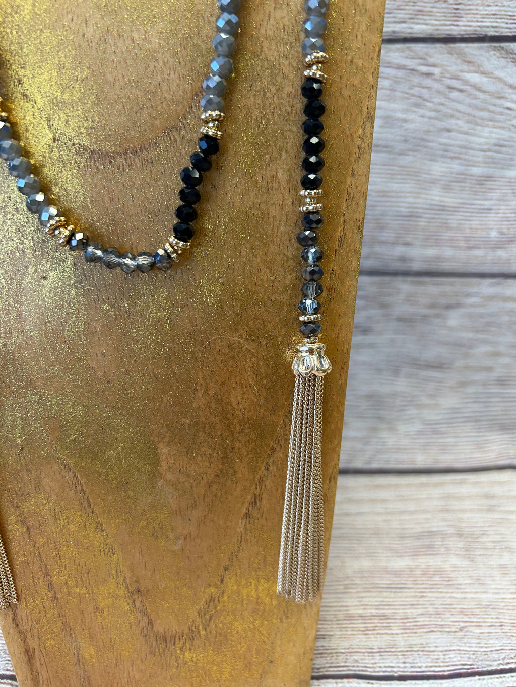 Black, Grey and Gold Beaded Tassel Necklace