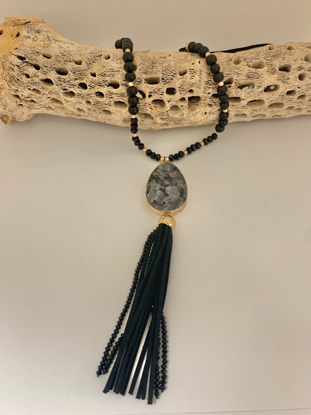 Black Stone Pendant Tassel Necklace