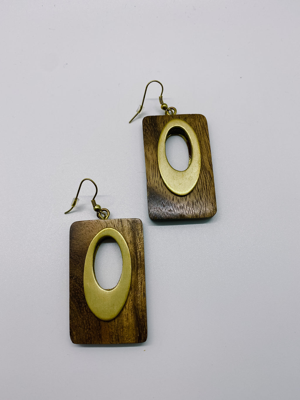 Wooden Rectangle Earrings W/ Oval Gold Design