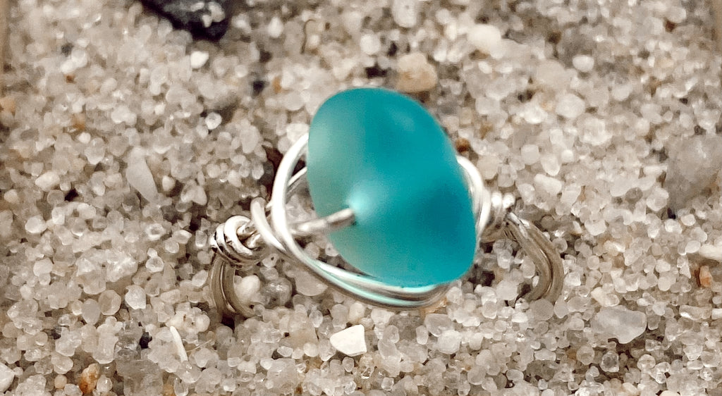 Wired Silver Cyan Sea Glass Ring