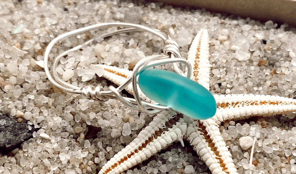 Wired Silver Cyan Sea Glass Ring